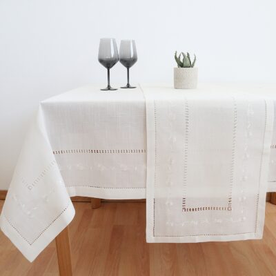 Linen Tablecloth with Machine Embroidery and Handmade Azure