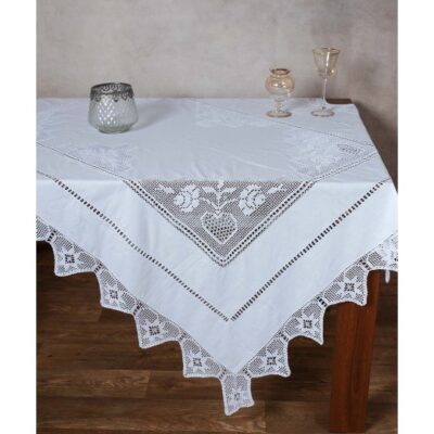 مفرش طاولة مصنوع يدويًا بتطريز محبوك ودانتيل 170 × 220 أبيض