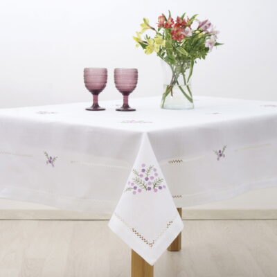Linen Tablecloth with Embroidery Purple Flowers and Handmade Azure