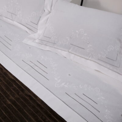 Set of Traditional Handmade Extra Double Sheets with Azure and Inflatable Embroidery
