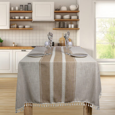 Κεντητό Διακοσμητικό Τραπεζομάντηλο και Τραβέρσα σε Μπεζ Χρώμα