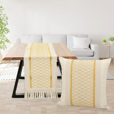 Τραβέρσα και Μαξιλαροθήκη με Κέντημα και Κρόσια σε Κίτρινο Χρώμα