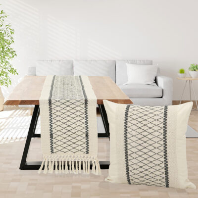 Τραβέρσα και Μαξιλαροθήκη με Κέντημα και Κρόσια σε Γκρι Χρώμα